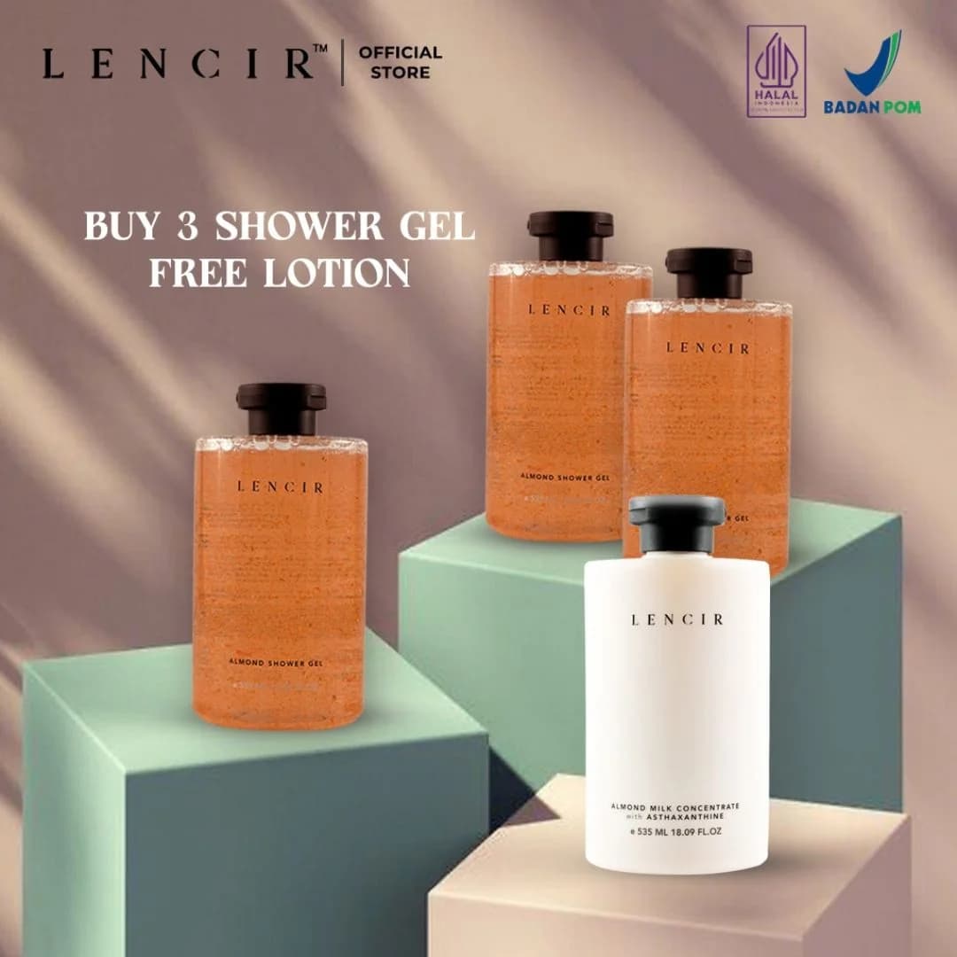 Lencir Paket Bundle 3 Lencir Shower Gel Free 1 Lencir Almond Milk Concentrate Body Lotion